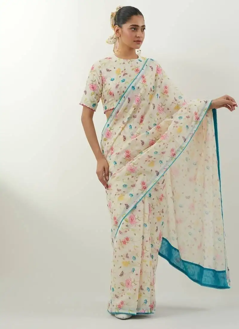 Ivory printed chanderi saree
