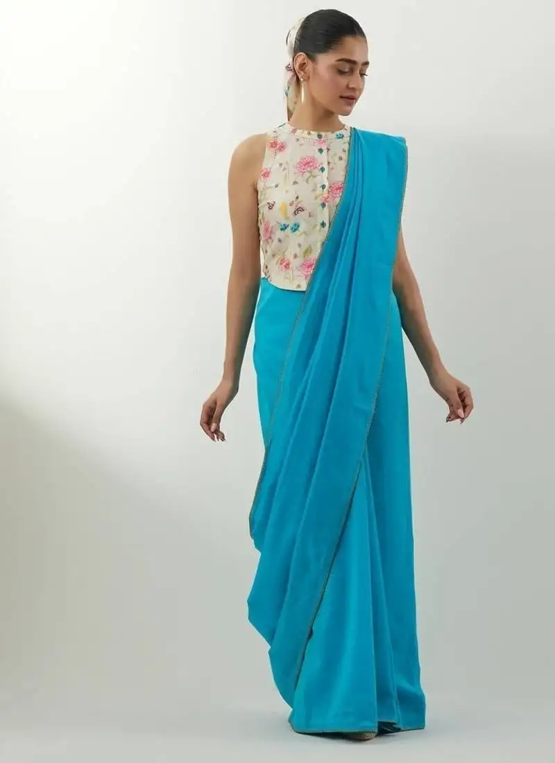 Aqua blue plain chanderi saree