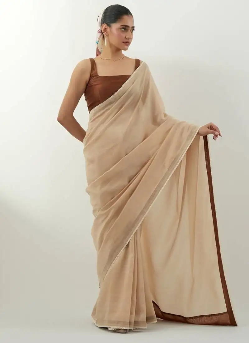 Beige plain chanderi saree