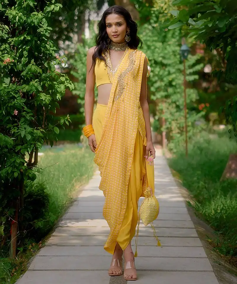 Yellow embroidered silk saree