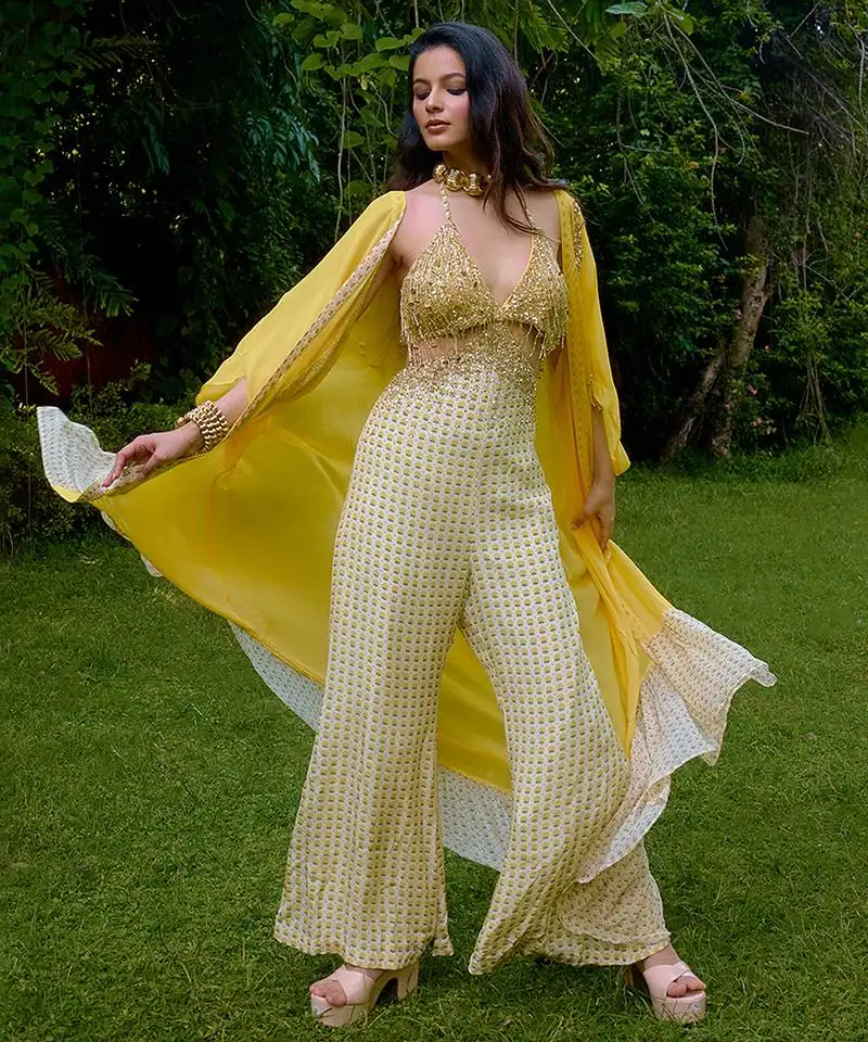 Cream printed silk jumpsuit