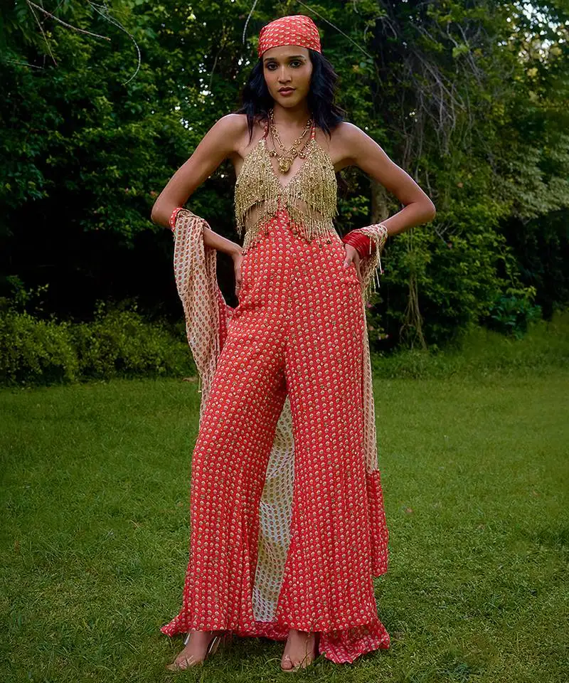 Coral printed silk jumpsuit