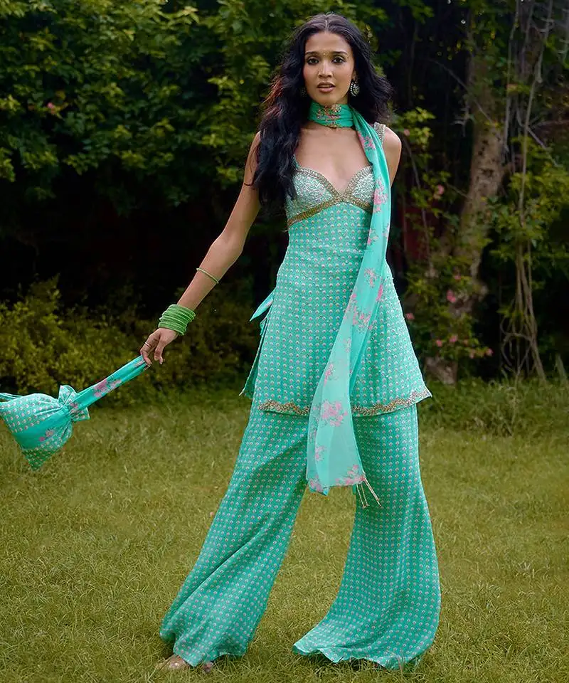 Aqua-blue printed silk kurta set