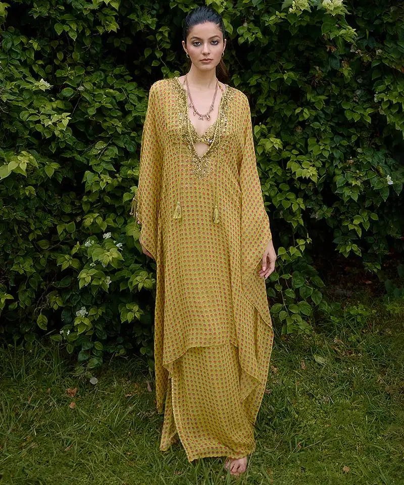 Olive printed silk kaftan
