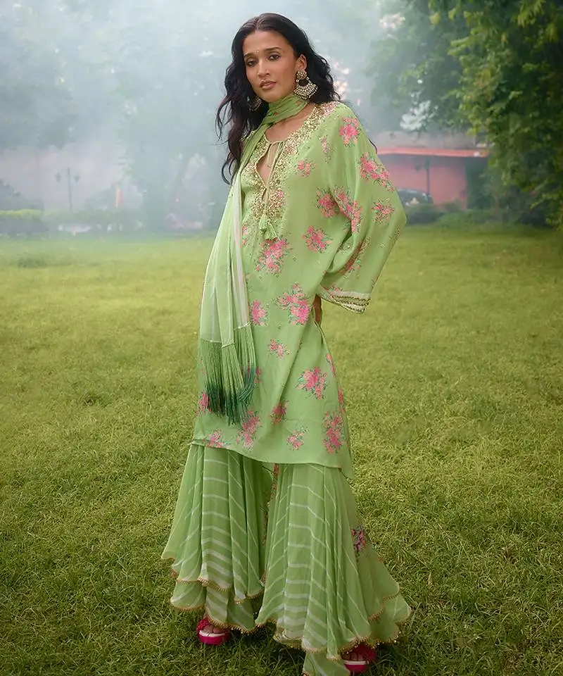 Lime green printed georgette sharara