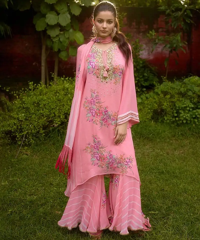 Baby pink printed georgette sharara