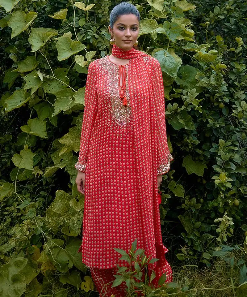 Coral printed georgette kurta set