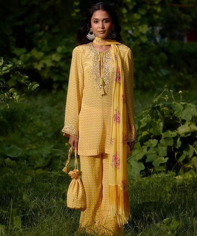 Yellow printed georgette kurta set