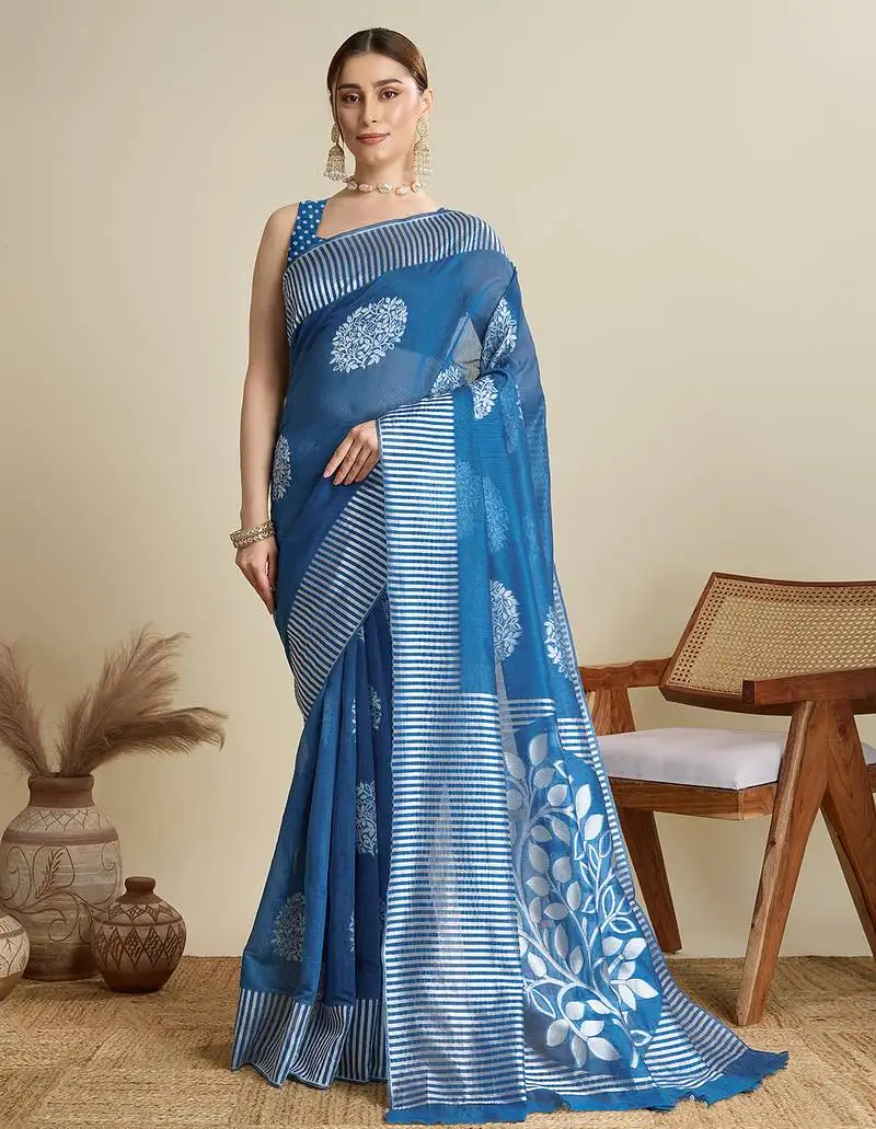Blue designer weaving print silk blend saree with floral butti & striped border | ethnic saree with blouse