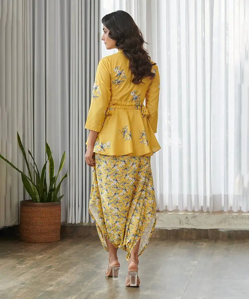 Yellow floral printed cotton dhoti jumpsuit