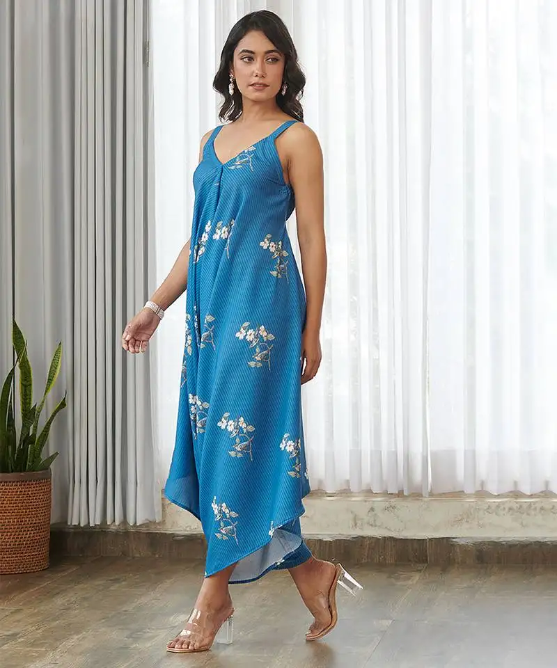 Blue floral printed cotton jumpsuit