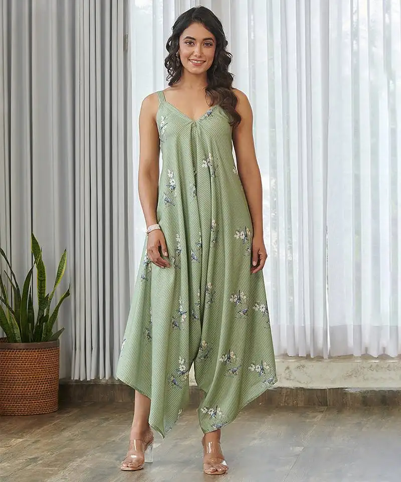 Green floral printed cotton jumpsuit