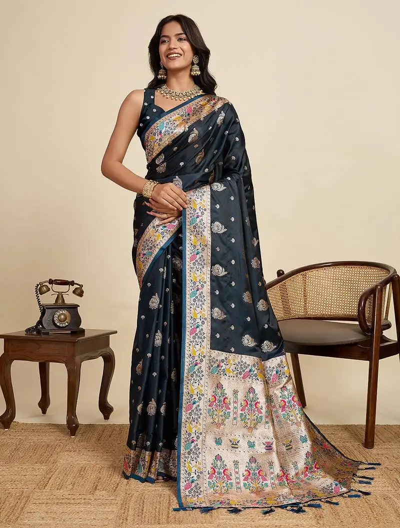 Premium soft silk saree with two-tone satin finish, paithani design, rich zari pallu & contrast designer blouse