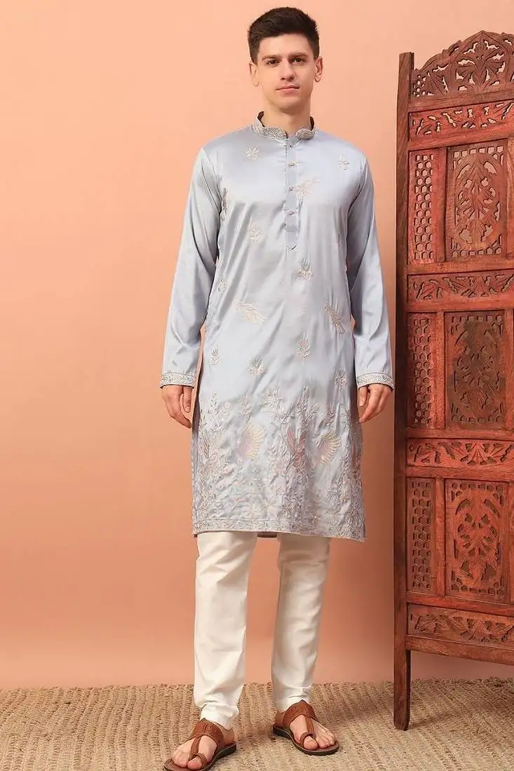 Premium grey silk embroidered kurta with sequins work & cotton pajama festive & wedding wear
