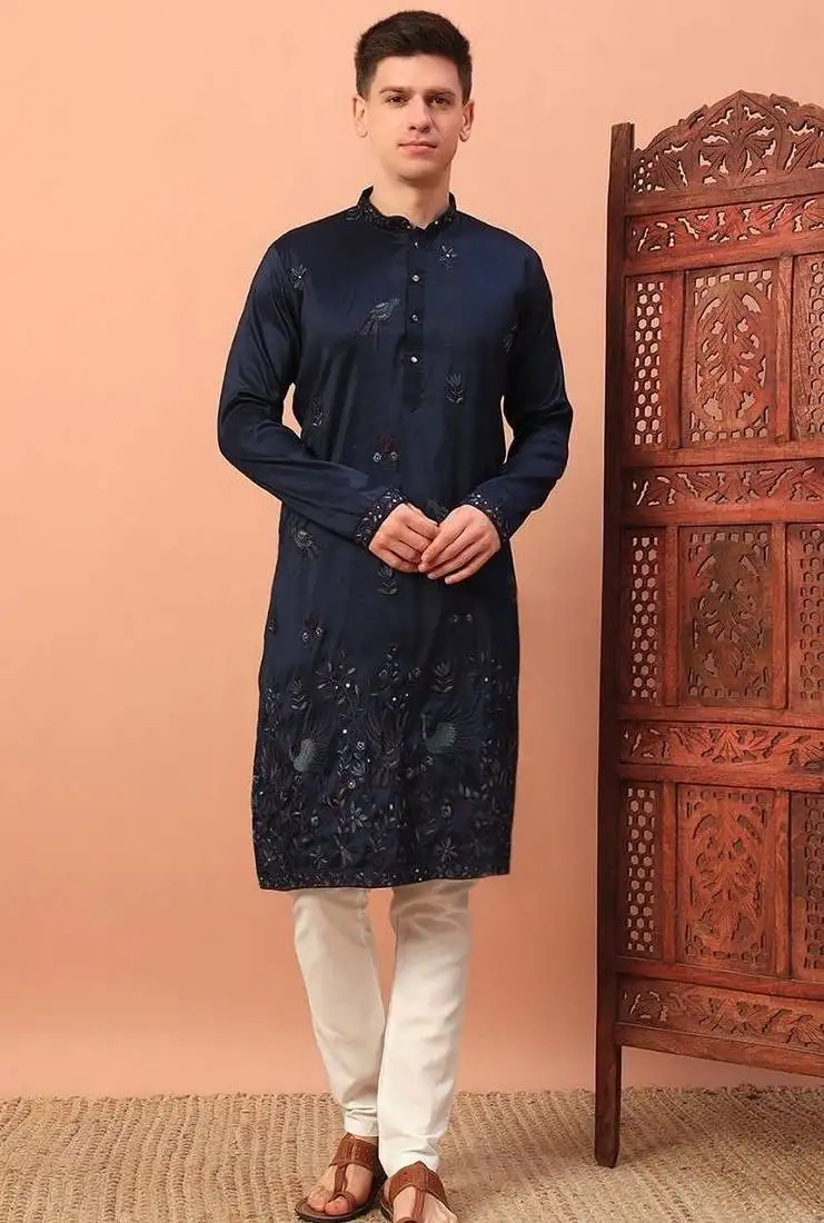 Elegant navy blue premium silk kurta with embroidery & sequins work, paired with cotton pajama party & ethnic wear
