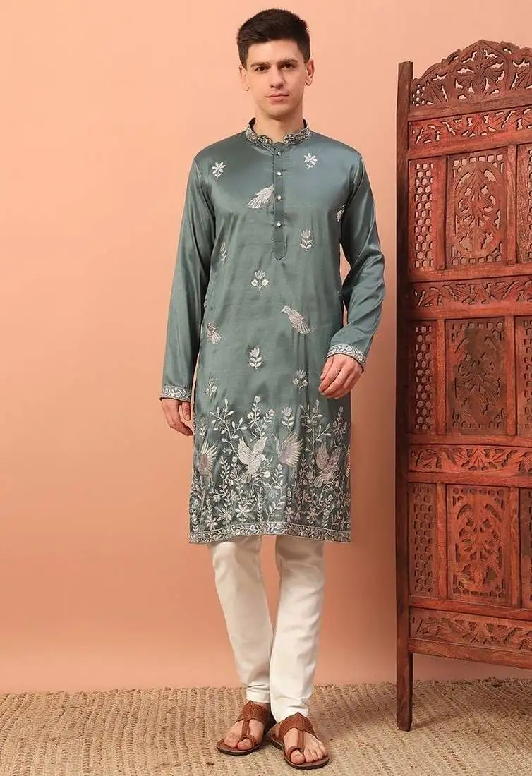 Stylish pista green premium silk kurta with embroidery & sequins work, cotton pajama traditional & party wear