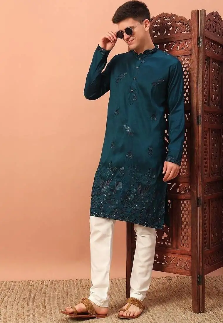Designer rama green premium silk embroidered kurta with sequins highlights & cotton pajama festive & occasion wear