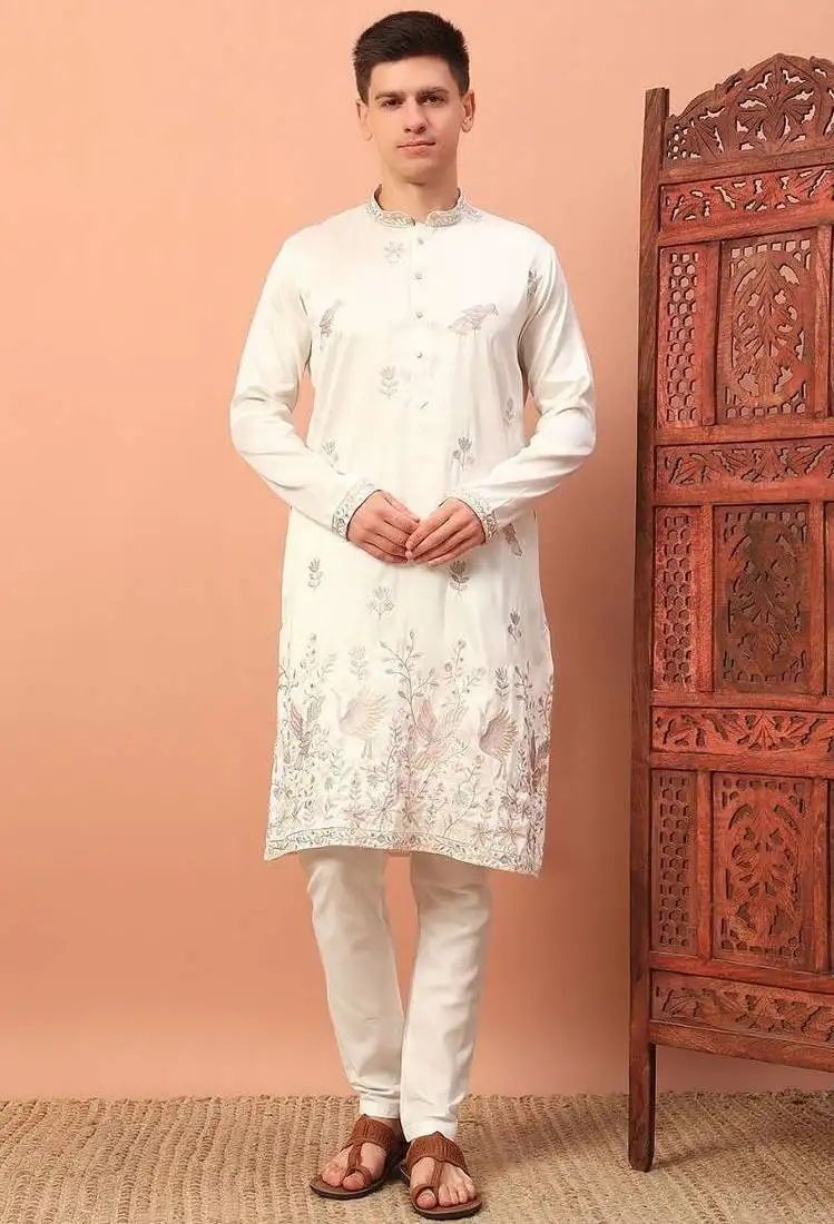 Classic off-white premium silk embroidered kurta with sequins detailing & cotton pajama   wedding & festive outfit