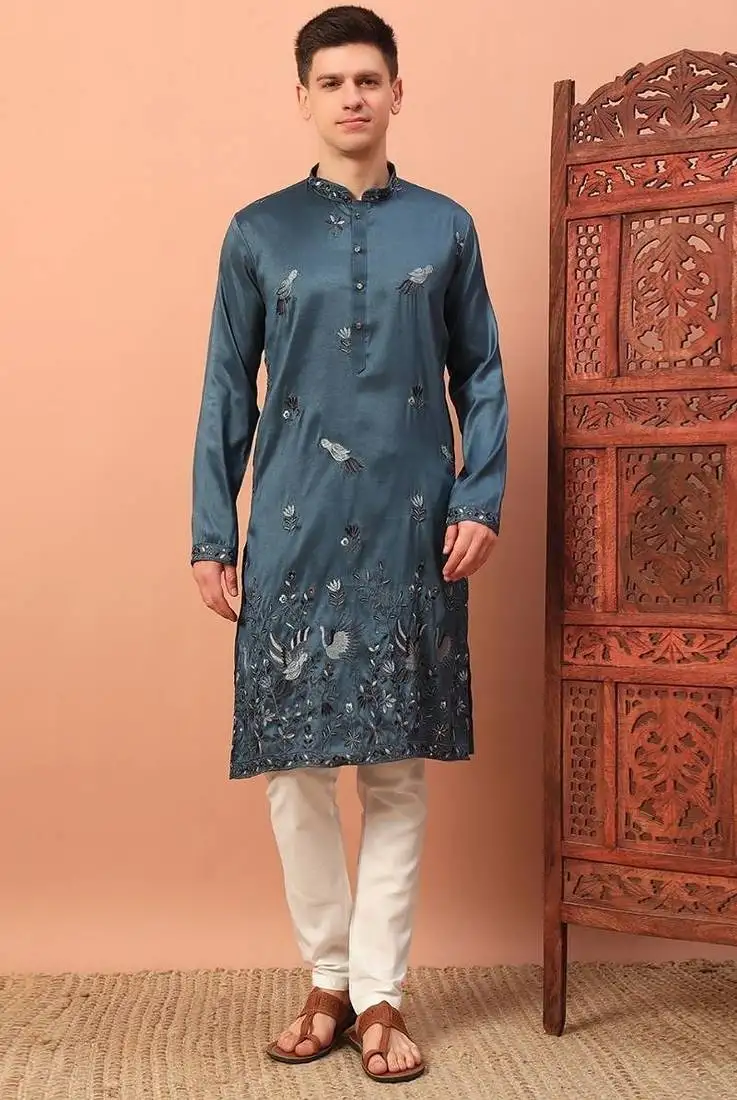 Royal teal premium silk kurta with embroidery & sequins work, paired with cotton pajama party & celebration wear