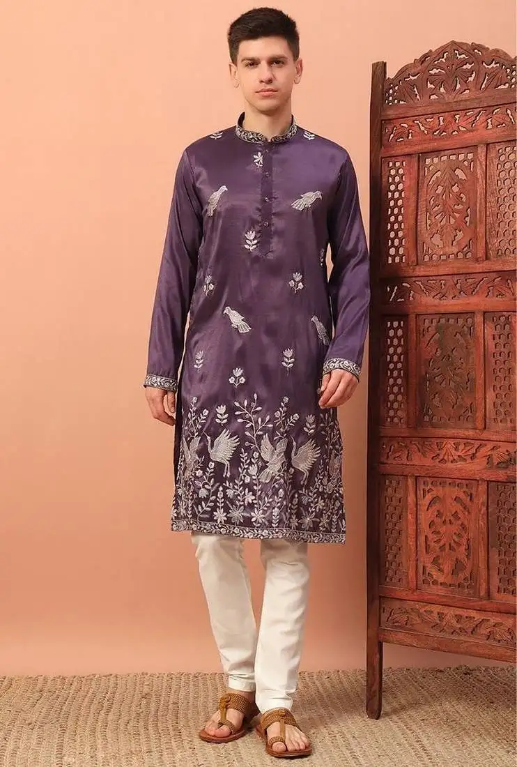 Premium wine silk embroidered kurta with sequins work & cotton pajama wedding & festive collection