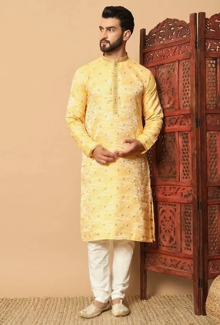 Bright yellow heavy jacquard kurta with sequins detailing & cotton pajama