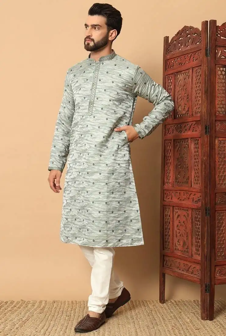 Classic pista green heavy jacquard kurta with sequins embroidery & cotton pajama