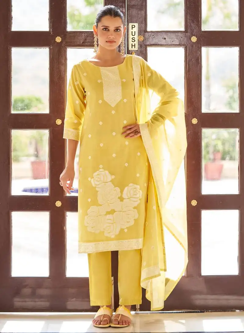 Yellow poly cotton jacquard embroidered kurta set with dupatta for women stitched