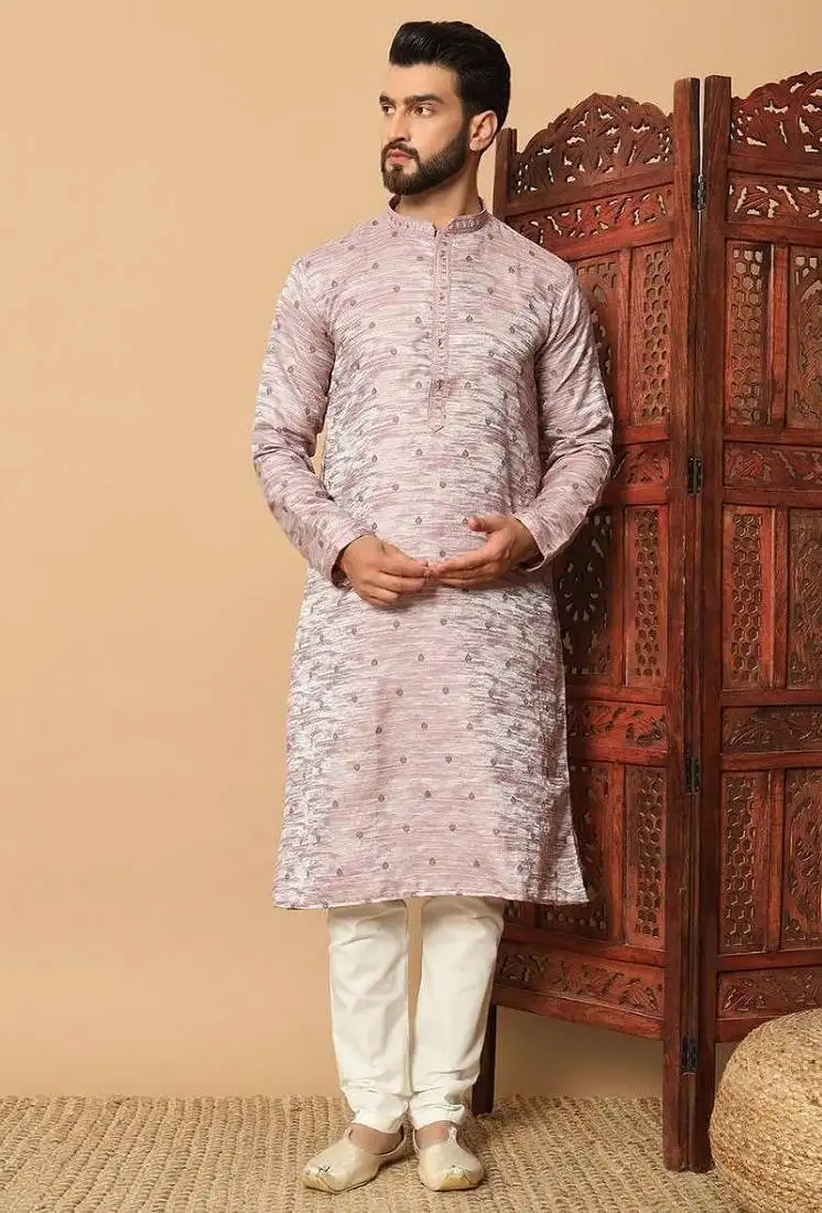 Elegant pink heavy jacquard kurta with sequins work & cotton pajama