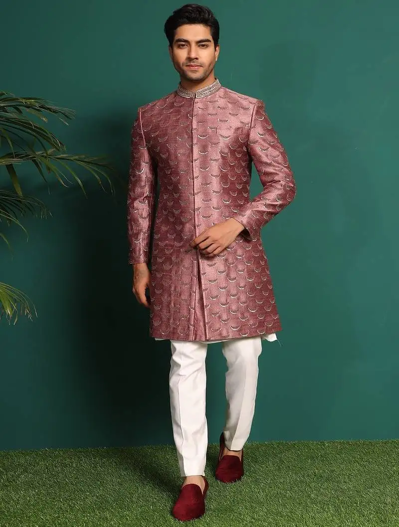 Pink silk embroidered sherwani
