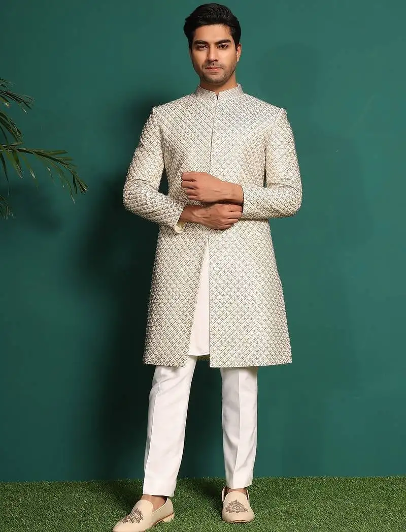 White silk embroidered sherwani