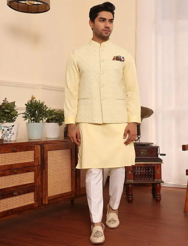 Yellow cotton silk embroidered nehru jacket set