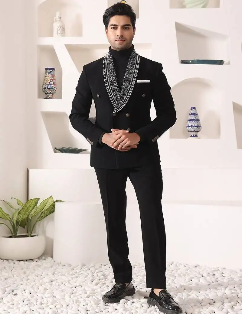 Black rayon embroidered tuxedo