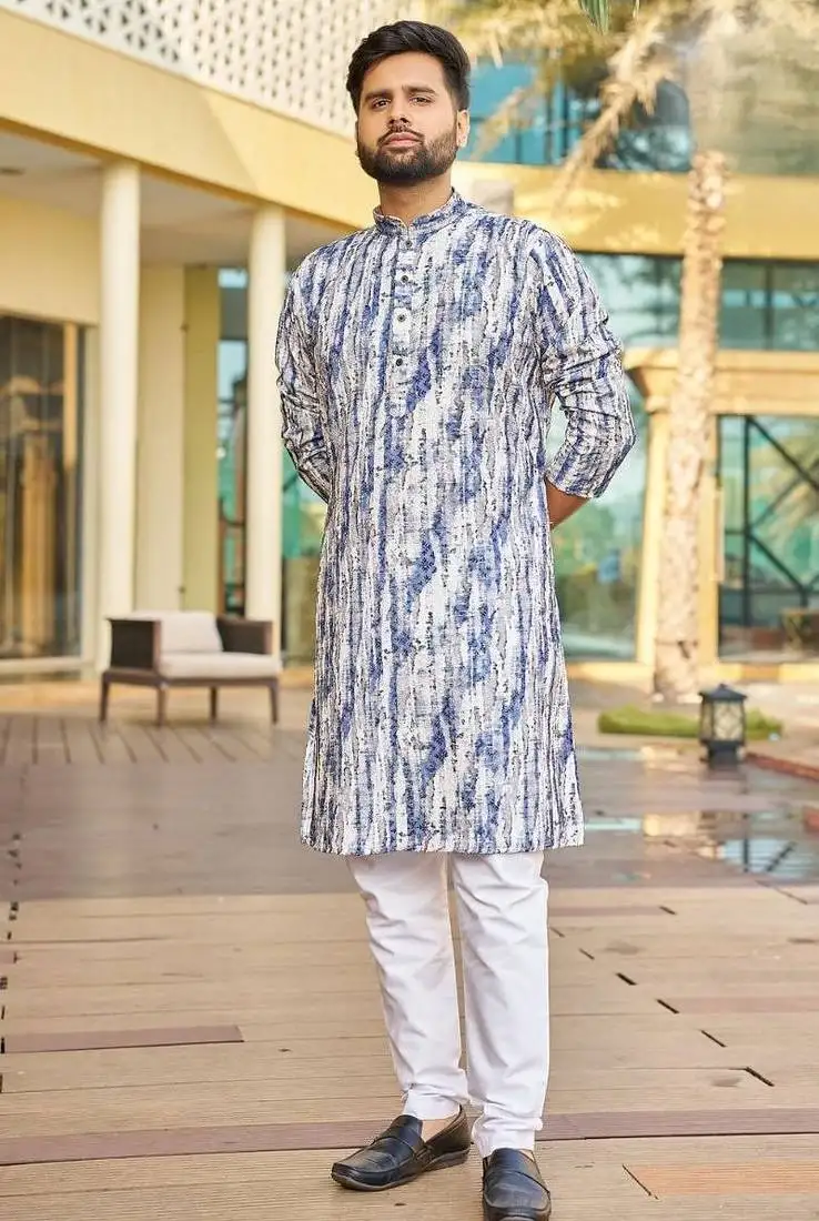 Blue white schiffli chikan sequence work rayon kurta with cotton pajama
