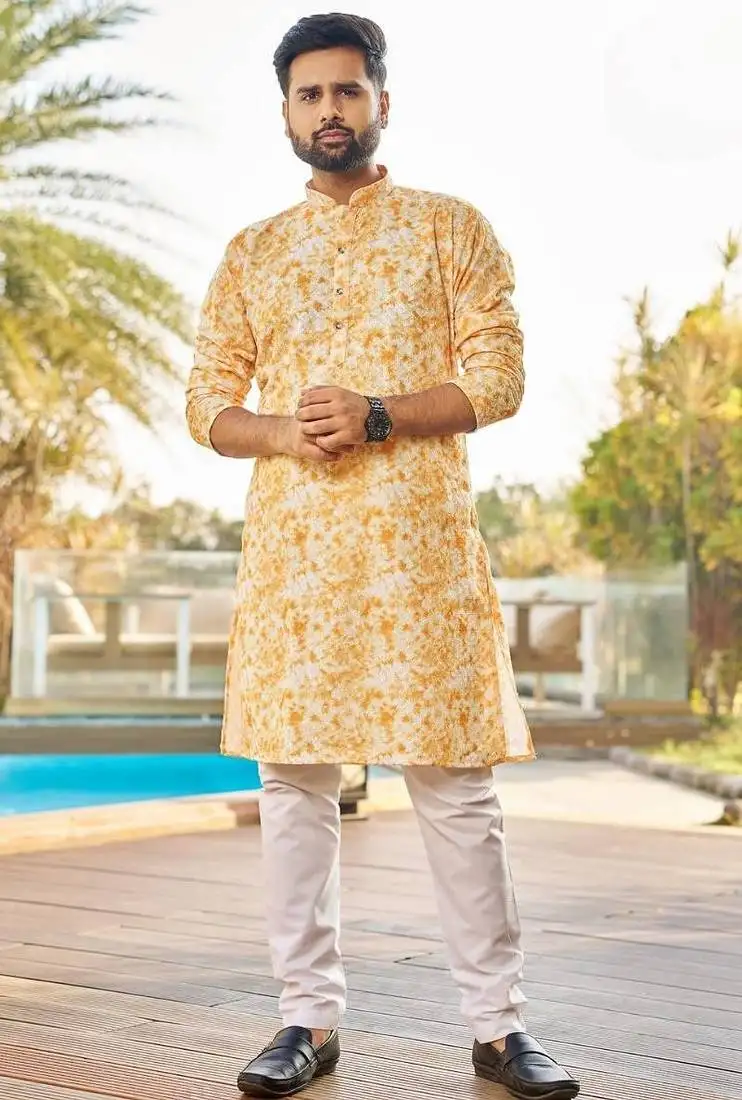Yellow schiffli chikan sequence work rayon kurta with cotton pajama