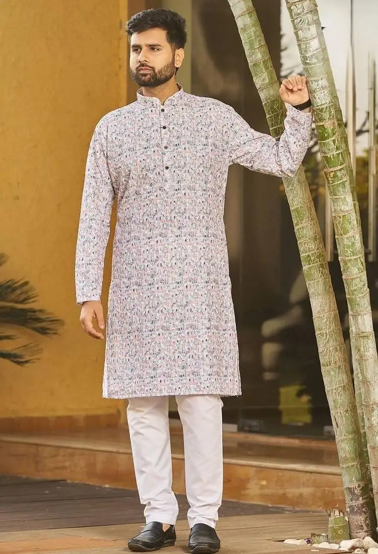 Pink schiffli chikan sequence work rayon kurta with cotton pajama