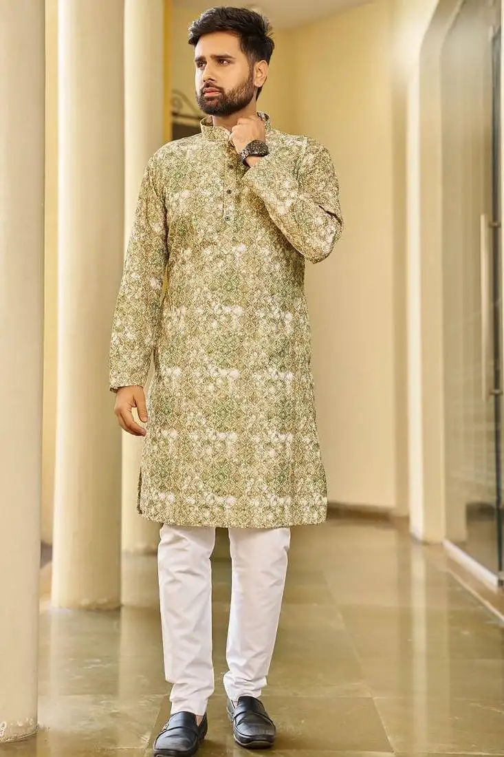 Green schiffli chikan sequence work rayon kurta with cotton pajama