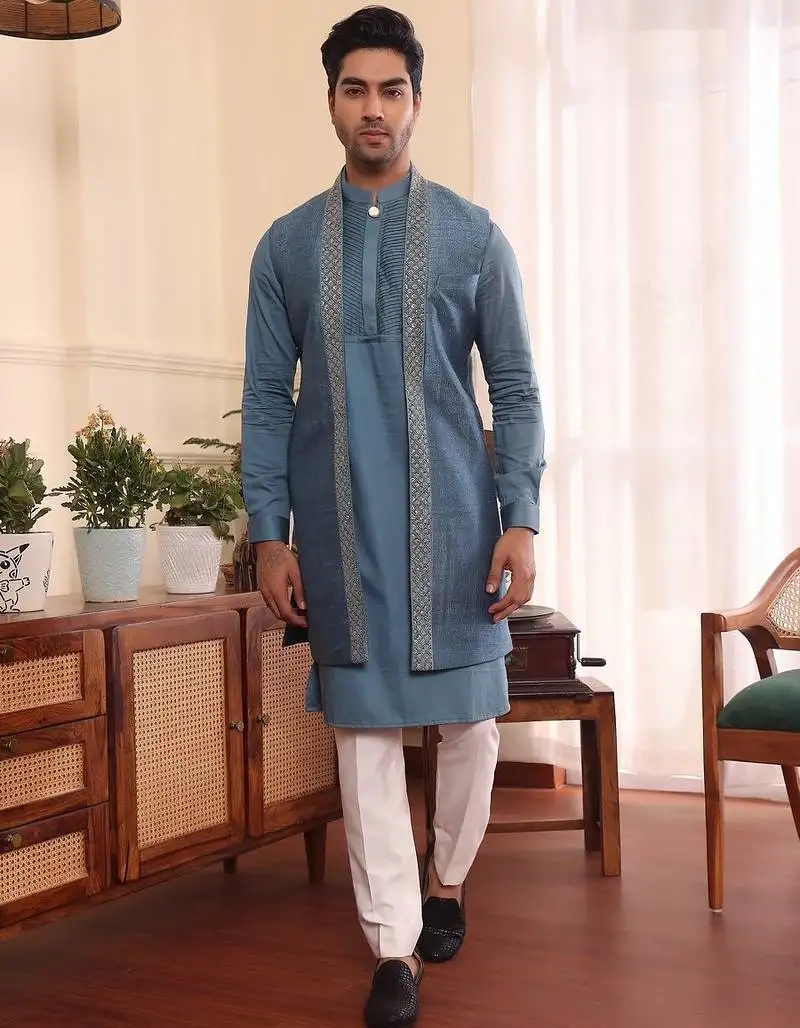 Blue cotton silk kurta jacket set