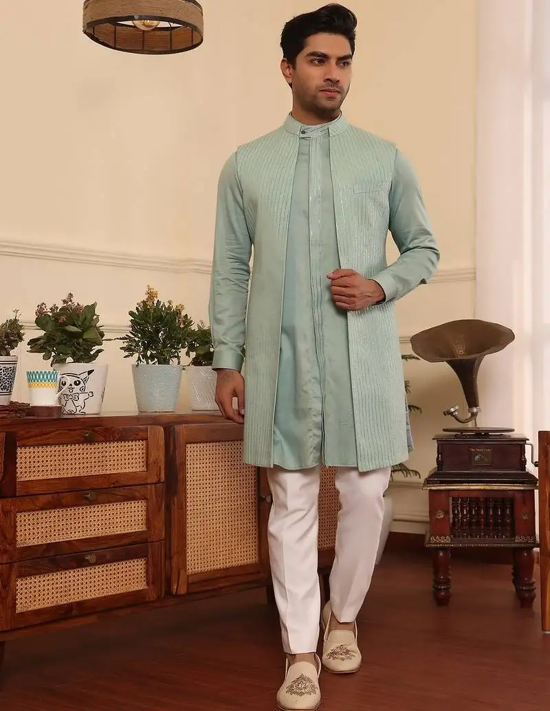 Green cotton silk kurta jacket set