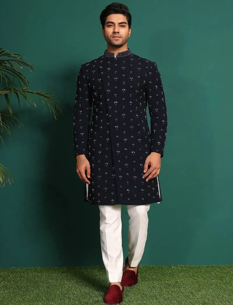 Blue rayon embroidered kurta jacket set