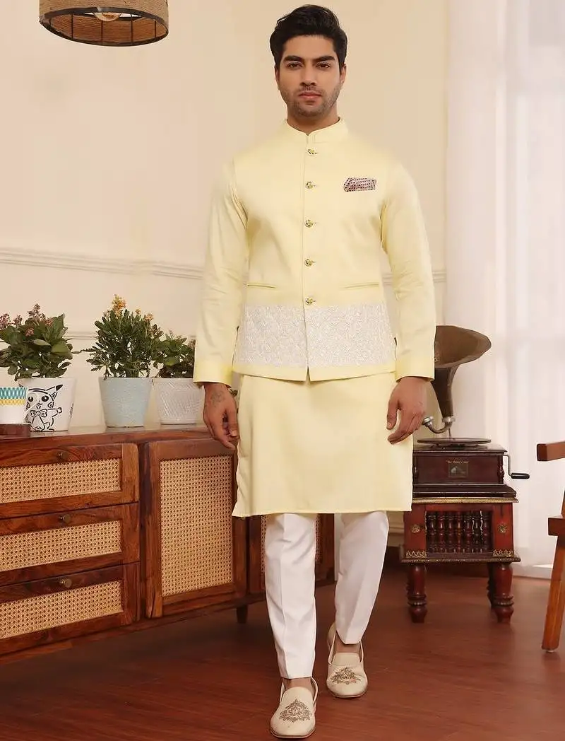 Yellow cotton nehru jacket set