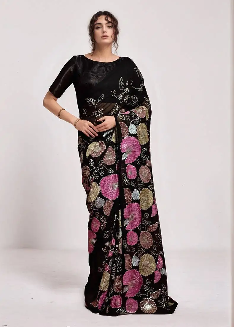 Black georgette sequins embroidered saree