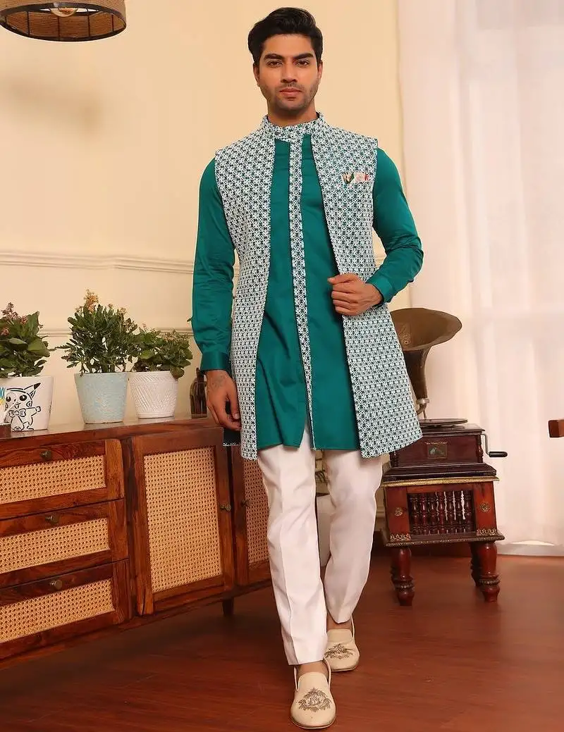Turquoise cotton silk embroidered kurta jacket set