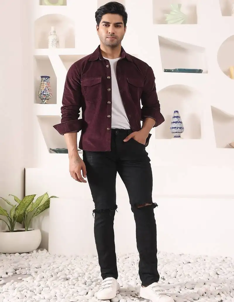 Wine cotton solid shacket