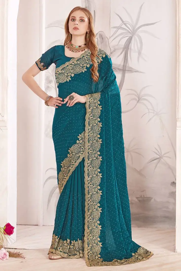 Teal blue sequin embroidered work fendy two tone silk saree sari