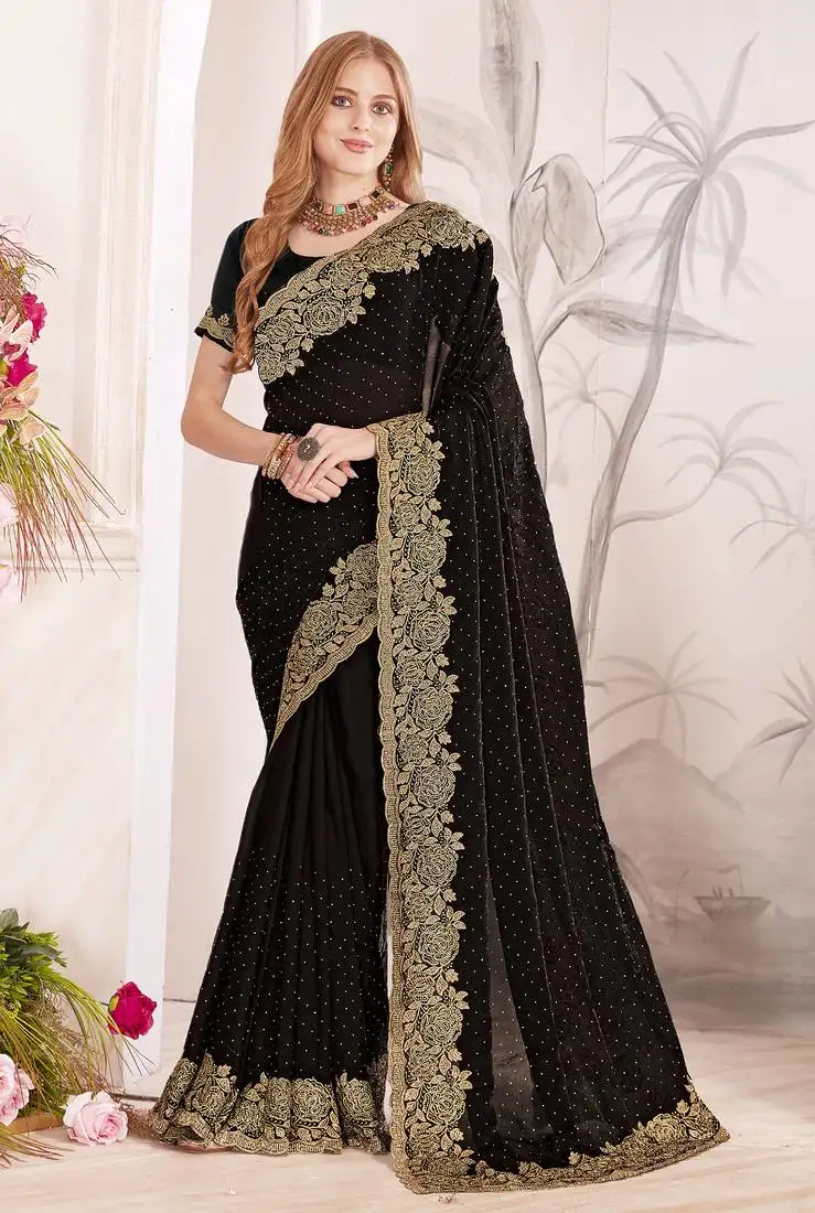 Black sequin embroidered work fendy two tone silk saree sari