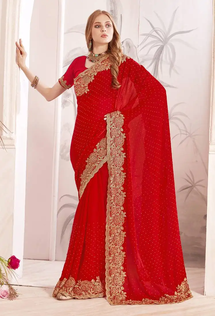 Red sequin embroidered work fendy two tone silk saree sari