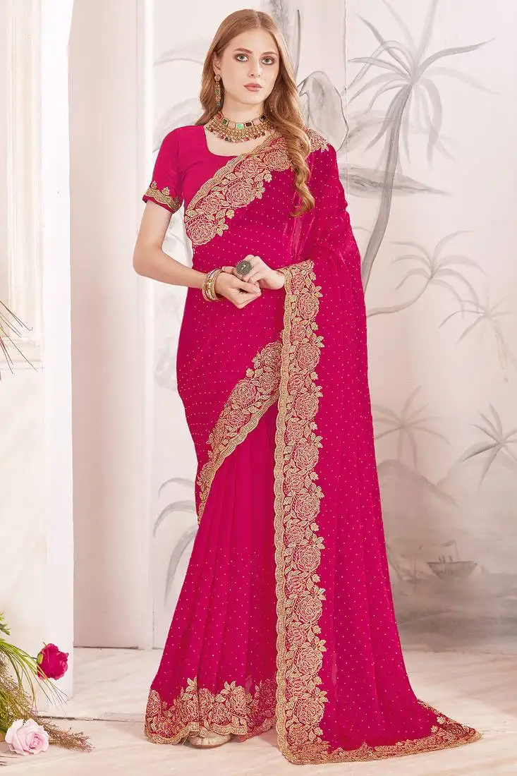 Magenta sequin embroidered work fendy two tone silk saree sari