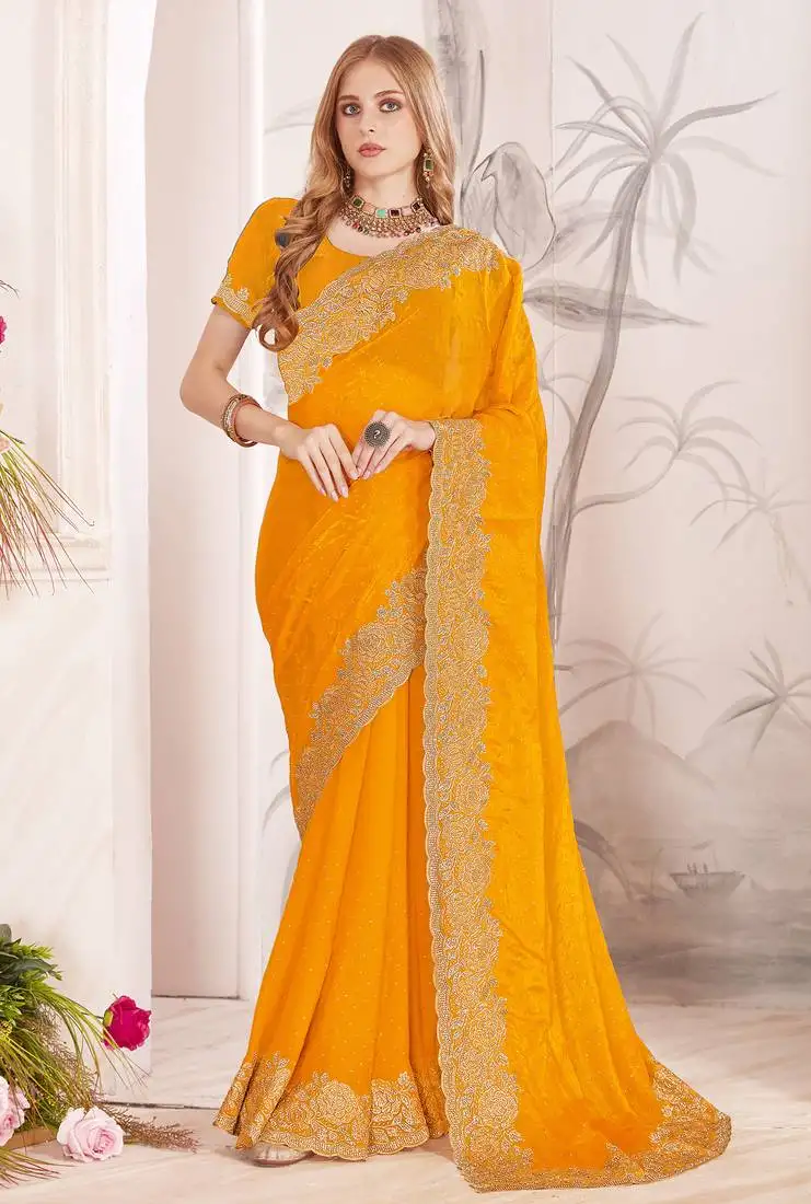 Mustard sequin embroidered work fendy two tone silk saree sari