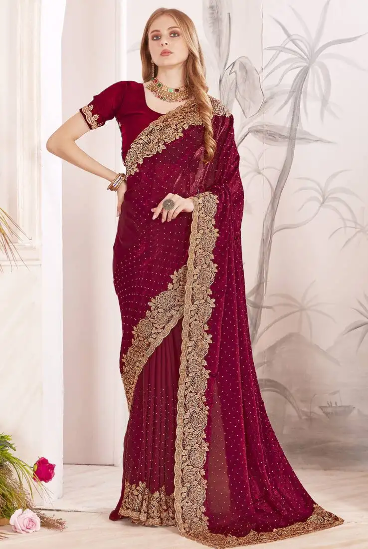 Maroon sequin embroidered work fendy two tone silk saree sari