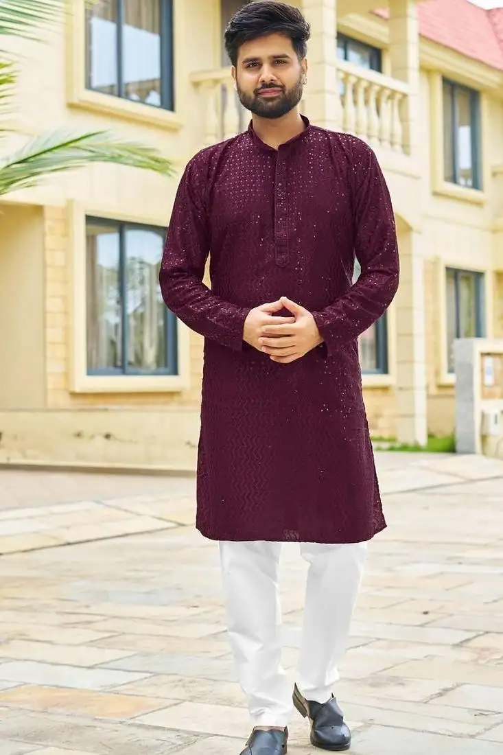 Wine premium rayon with embroidery sequins work